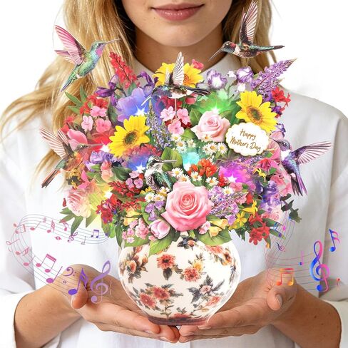 بطاقة عيد ميلاد موسيقية، بطاقة منبثقة ثلاثية الأبعاد من Hummingbird Oasis Bouquet مع موسيقى وأضواء، باقة زهور للأبد مقاس 10 بوصات، بطاقة عيد ميلاد سعيد/هدايا للنساء والأم والزوجة والفتيات - تتضمن بطاقة ملاحظات ومظروف in Kuwait