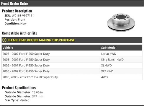 Marketplace Auto Parts Front Brake Rotor - Compatible with 2005-2012 Ford F250 Super Duty 4WD in Kuwait