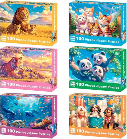 Yigney 100 Piece Puzzles for Kids - Ages 4-6 6-8 8-10 Year Old - Lions, Cats, Pandas, Tigers, Dogs, Turtles, 6-Pack Jigsaw Puzzles for Kids Learning Educational Toys for Boys and Girls in Saudi Arabia