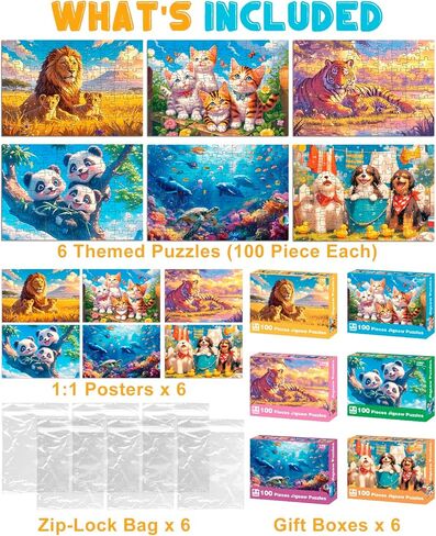 Yigney 100 Piece Puzzles for Kids - Ages 4-6 6-8 8-10 Year Old - Lions, Cats, Pandas, Tigers, Dogs, Turtles, 6-Pack Jigsaw Puzzles for Kids Learning Educational Toys for Boys and Girls in Saudi Arabia