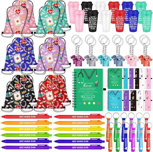 72 Pcs Nurse Appreciation Gift Sets Nurse Inspirational Water Glasses Notebooks Ballpoint Pens Keychain Bracelet Drawstring Backpack Thank You Gift for Doctor Hospital Workers Nursing School in Saudi Arabia