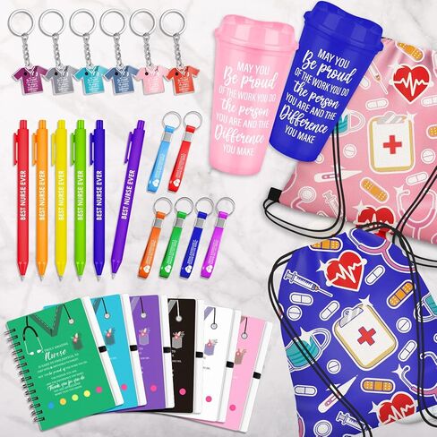 72 Pcs Nurse Appreciation Gift Sets Nurse Inspirational Water Glasses Notebooks Ballpoint Pens Keychain Bracelet Drawstring Backpack Thank You Gift for Doctor Hospital Workers Nursing School in Saudi Arabia
