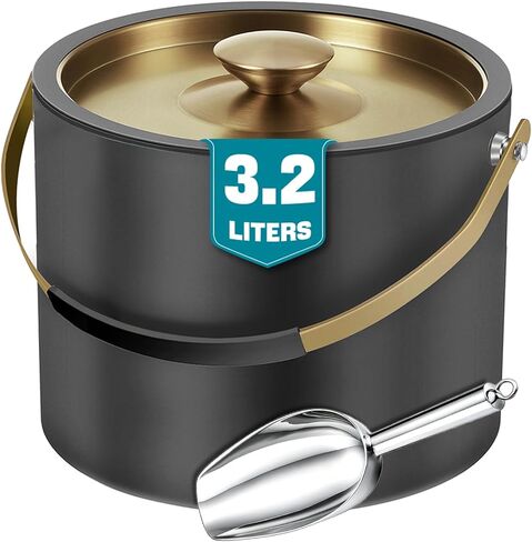 3.2L Stainless Steel Ice Bucket with Lid and Scoop, Double Wall Insulated Ice Bucket for Cocktail Bar and Parties (Black) in Saudi Arabia