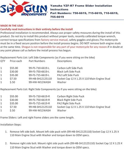Shogun Yam YZF-R7 R7 2022 2023 2024 NO Cut Complete Kit (Bar Ends, Swing Arm Spools and Frame Sliders) Black - 755-6619 - Made in The USA in Kuwait