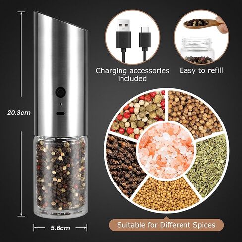 VEVOK CHEF Electric Salt and Pepper Grinder Set Rechargeable with LED Light USB Automatic Gravity Stainless Steel Pepper Mill Spice Grinder Adjustable Coarseness in Saudi Arabia