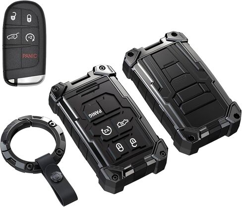 Heavy Key Fob Cover for Jeep, Keychain, Metal Silicone Key Fob Case Compatible with Grand Cherokee Compass Renegade Durango Challenger Journey Dart (Black, R Buckle) in Saudi Arabia