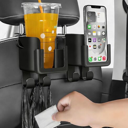 2 PCS Headrest Cup Holder for Car Back Seat, Auto Bottle & Phone Holder with Headrest Hooks, Multifunctional Plastic Back Seat Organizer for Phones Drinks Bags, Car Accessories in Saudi Arabia