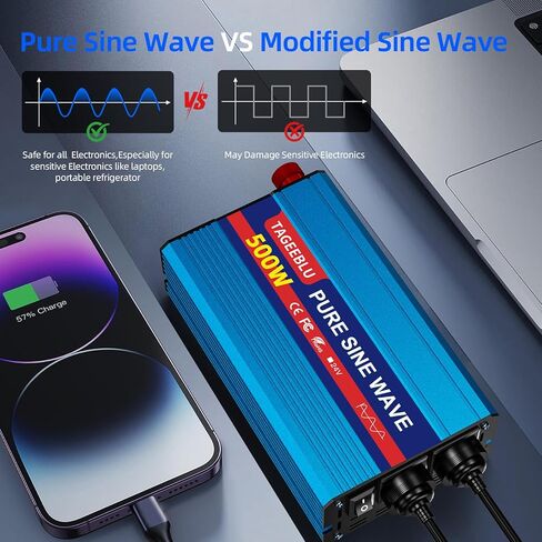500W Pure Sine Wave Power Inverter DC 24V to 110V AC Converter with LCD Display, Battery Clamps & Cigarette Lighter Plug, Car Inverter with 2 AC Outlets for Vehicles RV Truck Camping Laptop CPAP in Saudi Arabia