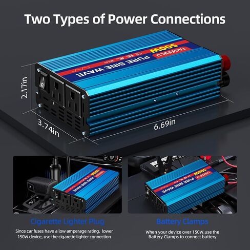 500W Pure Sine Wave Power Inverter DC 24V to 110V AC Converter with LCD Display, Battery Clamps & Cigarette Lighter Plug, Car Inverter with 2 AC Outlets for Vehicles RV Truck Camping Laptop CPAP in Saudi Arabia