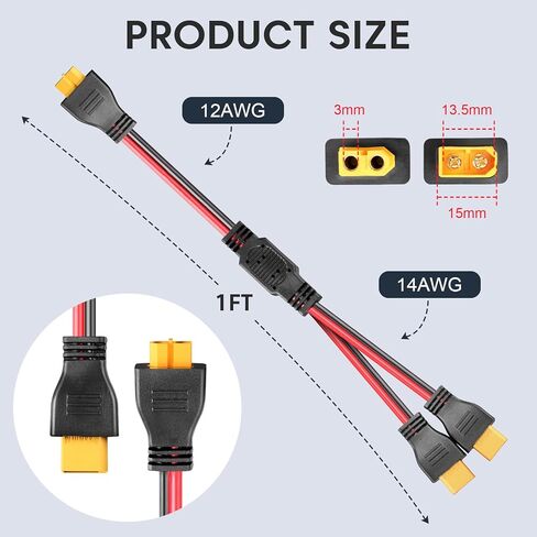 XT60 Y Splitter Cable 12AWG XT60 1 Female to 2 Male Parallel Connector Adapter Heavy-Duty Power Distribution for UAV, Quadcopter, RC Cars & Solar Systems 1FT in Saudi Arabia