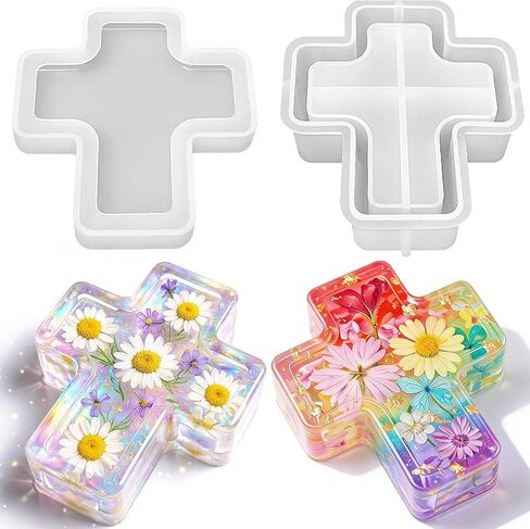 3D Cross Silicone Resin Box Molds, Epoxy Jar Storage Mold with Lid for Resin Casting Jewelry Storage Makeup Flower Preservation Home Decor Ornament Keepsake Clay Gypsum Trinket Organizer in Saudi Arabia