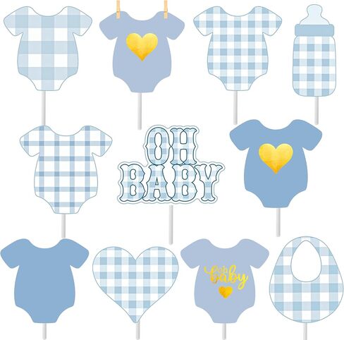 24Pcs Boy Blue Bodysuit Cupcake Toppers Blue Gingham Bodysuit Theme Cake Cupcake Picks for Baby Boys Shower Decorations Oh Baby Gender Reveal Supplies in Saudi Arabia