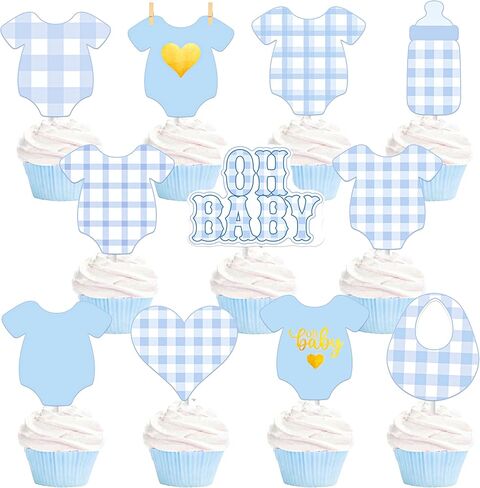 24Pcs Boy Blue Bodysuit Cupcake Toppers Blue Gingham Bodysuit Theme Cake Cupcake Picks for Baby Boys Shower Decorations Oh Baby Gender Reveal Supplies in Saudi Arabia