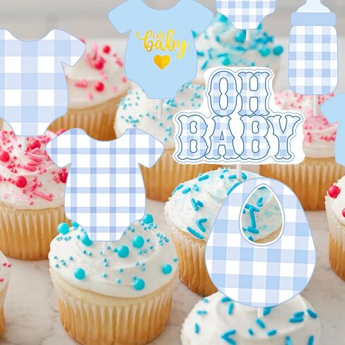 24Pcs Boy Blue Bodysuit Cupcake Toppers Blue Gingham Bodysuit Theme Cake Cupcake Picks for Baby Boys Shower Decorations Oh Baby Gender Reveal Supplies in Saudi Arabia