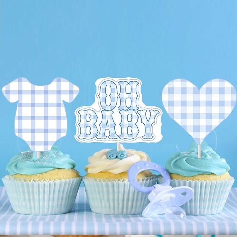 24Pcs Boy Blue Bodysuit Cupcake Toppers Blue Gingham Bodysuit Theme Cake Cupcake Picks for Baby Boys Shower Decorations Oh Baby Gender Reveal Supplies in Saudi Arabia