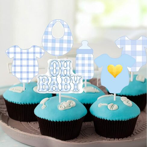 24Pcs Boy Blue Bodysuit Cupcake Toppers Blue Gingham Bodysuit Theme Cake Cupcake Picks for Baby Boys Shower Decorations Oh Baby Gender Reveal Supplies in Saudi Arabia