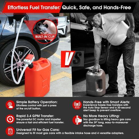 Fuel Transfer Pump with Auto-Stop,3.4GPM, USB & AA Battery Powered,30s Alert Beep,51"Hose Portable Fuel Pump with 4 Tank Adapter,Portable Liquid Pump with Nozzle for Gasoline,Diesel,Oil in Saudi Arabia