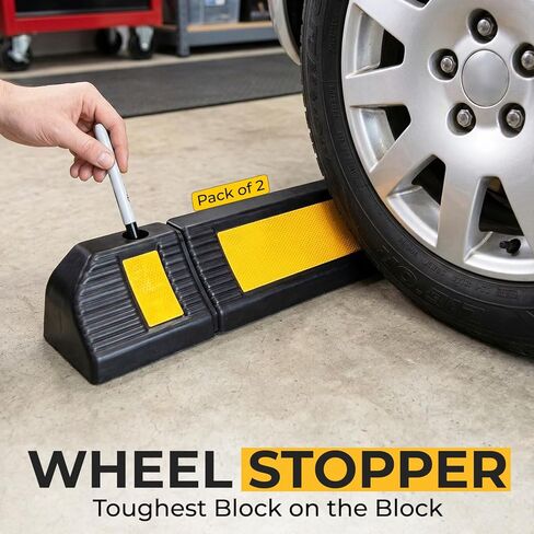 LADWA Heavy Duty Rubber Wheel Stopper for Garage 23.62"L x 5.11"W x 3.93"H Durable Parking Stopper with High-Visibility Reflective Yellow Tape Curb Wheel Stops for Cars, Trucks, Vans, RVs (Pack of 2) in Saudi Arabia