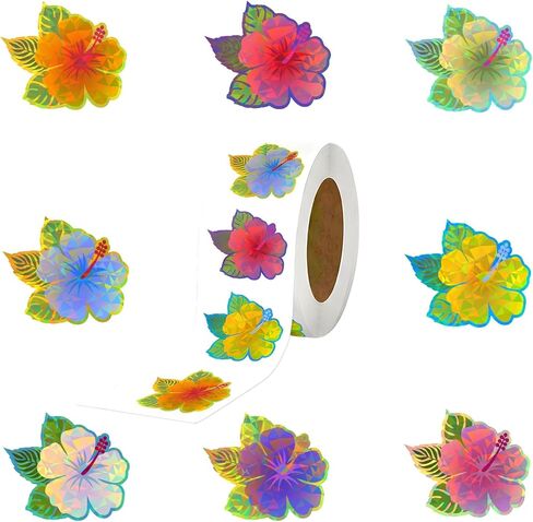500Pcs Summer Hibiscus Stickers Roll - Hawaiian Tropical Stickers with 8 Colorful Designs - Self-Adhesive for Pool Party Decorations Envelopes Cards & Summer Decor in Saudi Arabia