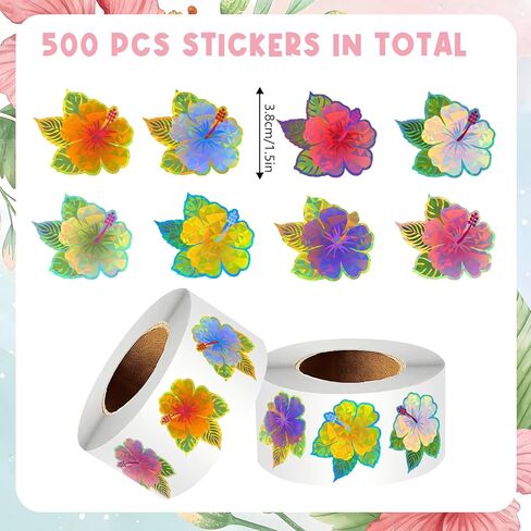 500Pcs Summer Hibiscus Stickers Roll - Hawaiian Tropical Stickers with 8 Colorful Designs - Self-Adhesive for Pool Party Decorations Envelopes Cards & Summer Decor in Saudi Arabia