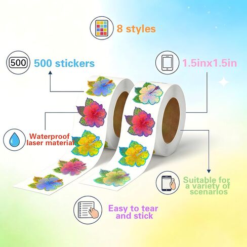 500Pcs Summer Hibiscus Stickers Roll - Hawaiian Tropical Stickers with 8 Colorful Designs - Self-Adhesive for Pool Party Decorations Envelopes Cards & Summer Decor in Saudi Arabia