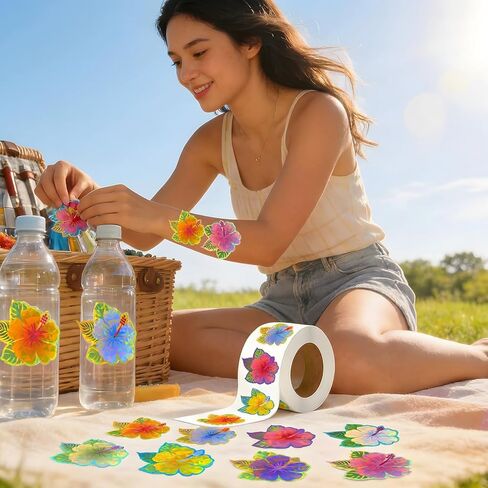 500Pcs Summer Hibiscus Stickers Roll - Hawaiian Tropical Stickers with 8 Colorful Designs - Self-Adhesive for Pool Party Decorations Envelopes Cards & Summer Decor in Saudi Arabia