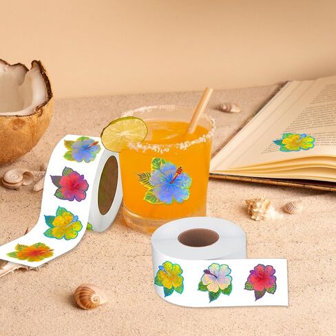 500Pcs Summer Hibiscus Stickers Roll - Hawaiian Tropical Stickers with 8 Colorful Designs - Self-Adhesive for Pool Party Decorations Envelopes Cards & Summer Decor in Saudi Arabia
