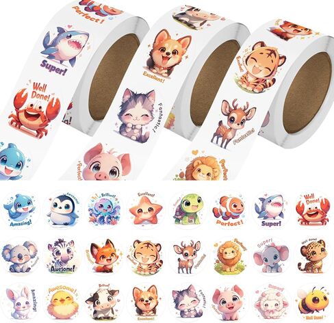 JIXZEN 3 Rolls 1500 PCS Animal Stickers for Kids, 24 Cute Farm/Ocean/Wild Designs with Motivational Words, Reward Stickers for Toddlers 2-4, Classroom School Supplies (1.0 Inch) in Saudi Arabia