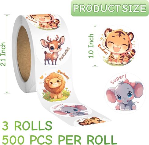 JIXZEN 3 Rolls 1500 PCS Animal Stickers for Kids, 24 Cute Farm/Ocean/Wild Designs with Motivational Words, Reward Stickers for Toddlers 2-4, Classroom School Supplies (1.0 Inch) in Saudi Arabia