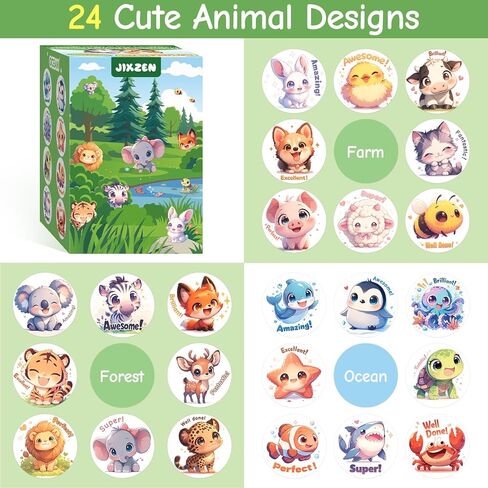 JIXZEN 3 Rolls 1500 PCS Animal Stickers for Kids, 24 Cute Farm/Ocean/Wild Designs with Motivational Words, Reward Stickers for Toddlers 2-4, Classroom School Supplies (1.0 Inch) in Saudi Arabia