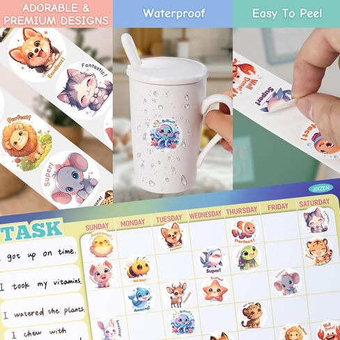 JIXZEN 3 Rolls 1500 PCS Animal Stickers for Kids, 24 Cute Farm/Ocean/Wild Designs with Motivational Words, Reward Stickers for Toddlers 2-4, Classroom School Supplies (1.0 Inch) in Saudi Arabia