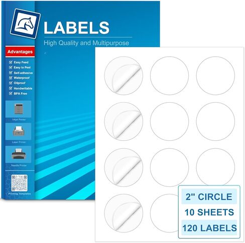 Circle Labels, 2" Diameter High Visibility Round Labels,Round Sticker Labels for Laser&Inkjet Printers,10 Sheets,120 Total Adhesive Labels for Price Tags,QR Codes,Business Logos,Pony Packaging HB-C012 in Saudi Arabia