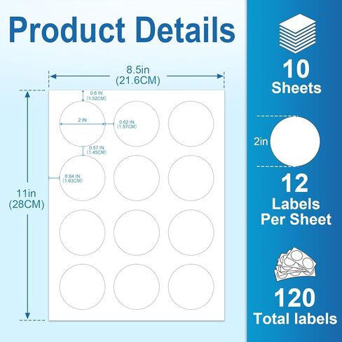 Circle Labels, 2" Diameter High Visibility Round Labels,Round Sticker Labels for Laser&Inkjet Printers,10 Sheets,120 Total Adhesive Labels for Price Tags,QR Codes,Business Logos,Pony Packaging HB-C012 in Saudi Arabia