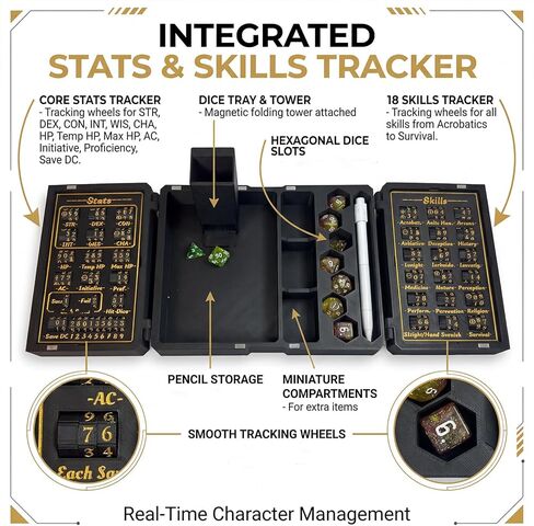 DND 5E Character Tracker Box,DND Player's Kit - All-in-One Dice Tower, Dice Tray & Storage Box with Built-in Character Stats & Skills Tracker, Premium DND Accessories Case for RPG/TTRPG Gaming Gift in Saudi Arabia