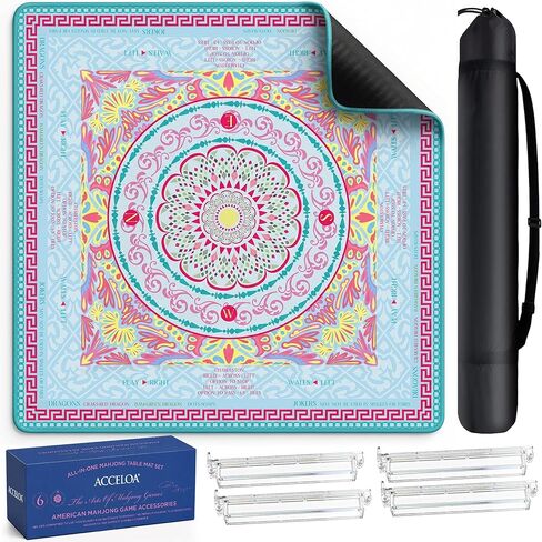 American Mahjong Mat and Racks Set with Rules – 31.5" x 31.5" Waterproof Neoprene Mahjong Mat, 4 Clear Acrylic Racks with Carrying Bag, Premium Gift Box (Boho Mandala) in Kuwait