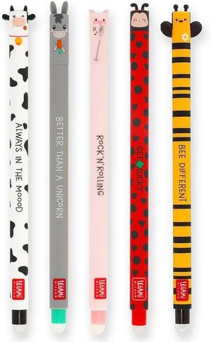 LEGAMI - Set of 5 Erasable Gel Pens with Thermosensitive Erase Ink, Range of ink colours & barrel designs, 0.7mm Tip, Lady Bug, Cow, Donkey, Pig & Bee in Kuwait