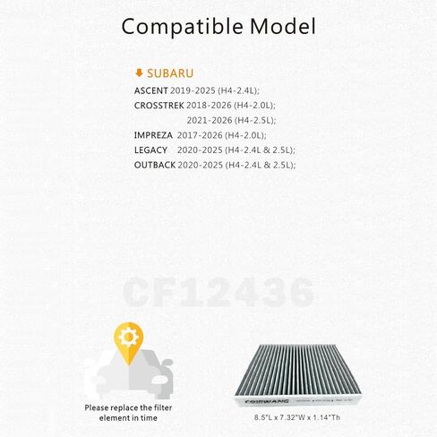 CF12436 Cabin Air Filter Compatible with Subaru Ascent 2019–2025, Crosstrek 2018–2023, Impreza 2017–2023, Legacy & Outback 2020–2025, Forester 2025-2026, XV 2018-2022; OE: 72880FL00A in Saudi Arabia