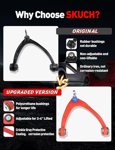 أذرع التحكم العلوية للرفع 2-4 بوصة لـ 2007-2018 Chevy Silverado GMC Sierra 1500، 2007-2014 Suburban 1500، Tahoe، Yukon/XL، Escalade/ESV، OE بديل مثالي، ترقية وصلة الكرة والبطانة، أحمر متجعد in Kuwait