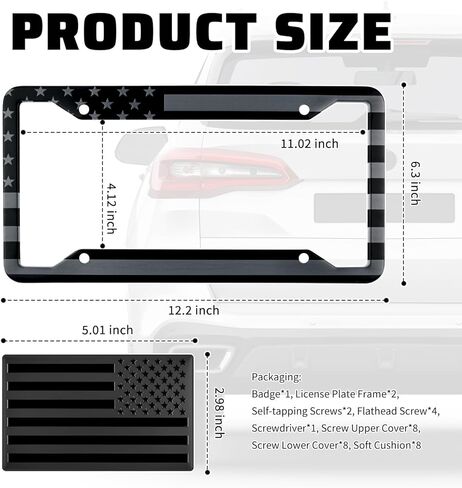 2PCS American Flag License Plate Frame,Stylish License Plate Holders for Cars Includes Car Emblem/Screws/Caps,Aluminum Alloy Patriotic Car Plates Frame as Cars Decorations in Saudi Arabia