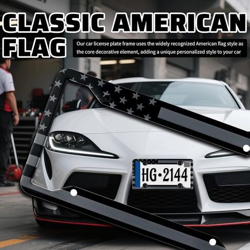 2PCS American Flag License Plate Frame,Stylish License Plate Holders for Cars Includes Car Emblem/Screws/Caps,Aluminum Alloy Patriotic Car Plates Frame as Cars Decorations in Saudi Arabia