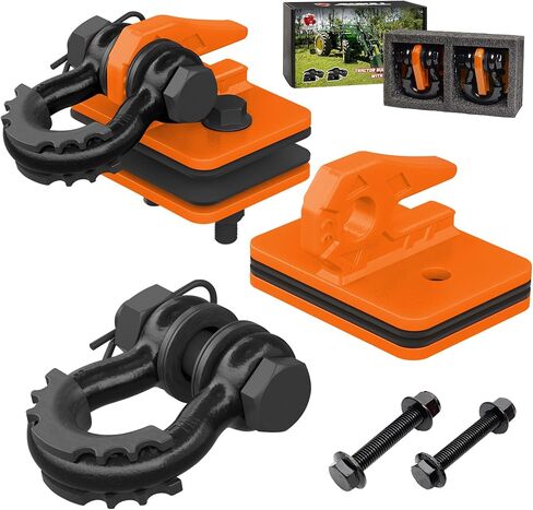 Tractor Bucket Grab Hook with 5/8" D-Ring Shackle Combo, Bolt-On Tow Hook and D-ring Shackle, Matching Backing Plate, Rubber Gaskets & Isolators, 20000LBS Breaking Strength, 2 Set, Orange&Black in Saudi Arabia