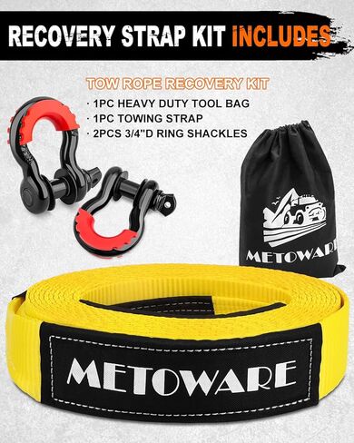 METOWARE Heavy Duty Tow Strap Recovery Kit - 3" x 20ft(35,000lbs) Tree Saver Winch Strap + 3/4" D Ring Shackles(2pcs) + Storage Bag - Truck, SUV, ATV Off Road Towing Strap Kit in Kuwait