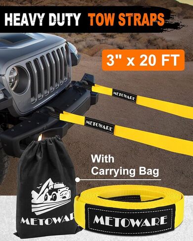 METOWARE Heavy Duty Tow Strap Recovery Kit - 3" x 20ft(35,000lbs) Tree Saver Winch Strap + 3/4" D Ring Shackles(2pcs) + Storage Bag - Truck, SUV, ATV Off Road Towing Strap Kit in Kuwait
