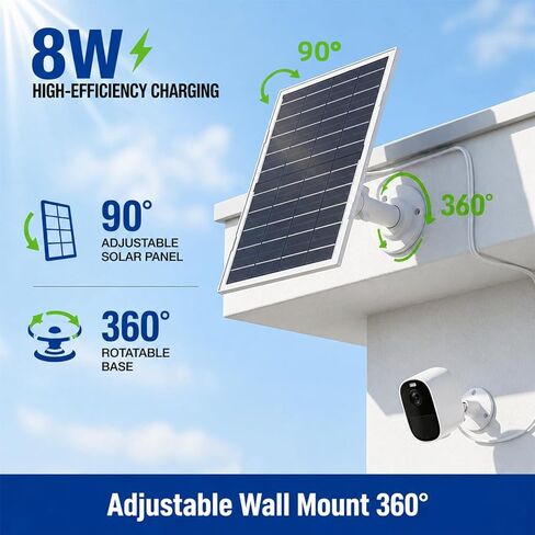 FSVGYY 8W Solar Panel for Security Cameras, Waterproof Outdoor Solar Charger with 360° Adjustable Mount, USB-C & Micro-USB, Compatible with Outdoor Wireless Cameras in Kuwait