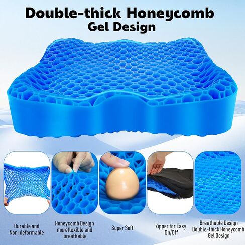 Cooling Gel Seat Cushion, Thickened Big Breathable Honeycomb Design Absorbs Pressure Points Gel Cushion with Anti-Slip Cover Cooling Seat Cushion for Office Chair Home Car Wheelchair Stadium Bleachers in Saudi Arabia