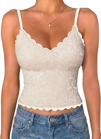 EVALESS Women Sequin Built-in Bra V Neck Tank Tops Summer Adjustable Spaghetti Straps Going Out Sleeveless Cami Shirts in Saudi Arabia