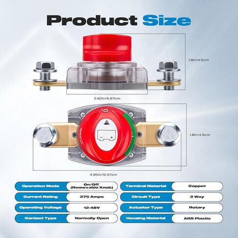 Side Post Battery Disconnect Switch, Malictele On/Off 12-48V Battery Disconnect Switch 275A Heavy Duty Kill Switch for Car, Vehicle, RV and Boat-Compact Size, Removable Knob in Saudi Arabia