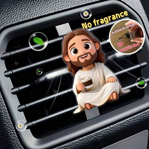 Cute Cartoon Jesus Coffee Car Air Vent Clip Acrylic Auto Decor for Women Reusable DIY Scent Diffuser Accessory Religious Car Ornament Gift (White) in Kuwait