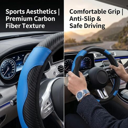 Steering Wheel Cover, 15 Inch Black Blue Carbon Fiber Leather Anti-Slip Protector Universal 38cm Breathable Steering Wheel Accessories for Men Women Automotive Interior Decoration in Kuwait