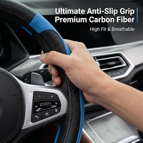 Steering Wheel Cover, 15 Inch Black Blue Carbon Fiber Leather Anti-Slip Protector Universal 38cm Breathable Steering Wheel Accessories for Men Women Automotive Interior Decoration in Kuwait